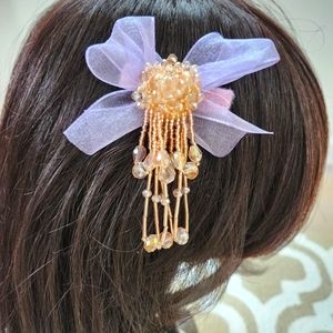 purple bow holiday Christmas hair clip handmade with crystal beads